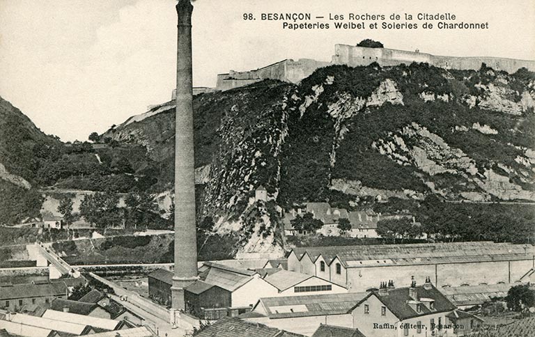 usine à papier de la société des Papeteries Bisontines, usine de fibres artificielles et synthétiques dite usine des Soieries puis de la Rhodiacéta