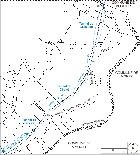 3 tunnels dits souterrains du Grépillon, du Chalet et de Tancua (voie ferrée Andelot - La Cluse)