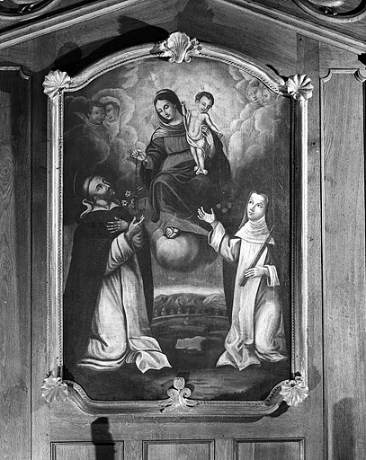 tableau : la Donation du scapulaire à saint Simon Stock et du rosaire à saint Dominique de Guzman