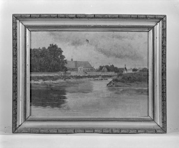 tableau : vue de l'hôpital de Seurre depuis la Saône