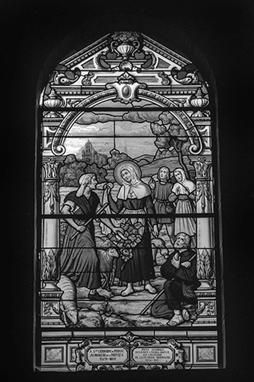 baies 7 à 14, 16 et 17 réalisées par Ch. Champigneulle de 1911 à 1918. Scène dans un encadrement d'architecture de style fin Renaissance, inscription dans deux cartouches