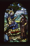 ensemble de 2 verrières figurées : Christ portant sa croix apparaissant à un soldat mourant, scènes de la vie de la Vierge et de la vie de saint Louis