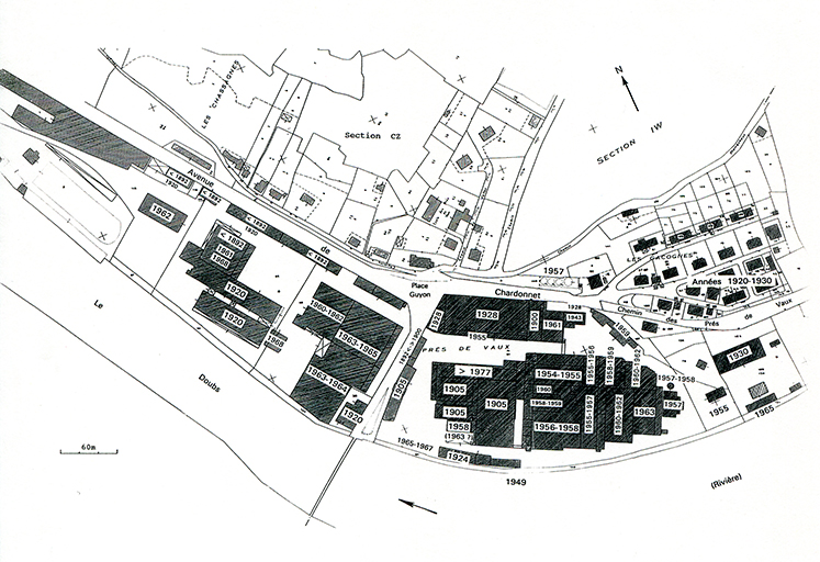 usine à papier de la société des Papeteries Bisontines, usine de fibres artificielles et synthétiques dite usine des Soieries puis de la Rhodiacéta