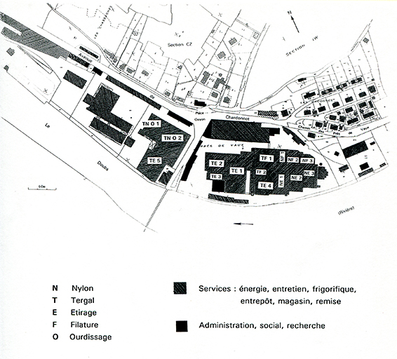 usine à papier de la société des Papeteries Bisontines, usine de fibres artificielles et synthétiques dite usine des Soieries puis de la Rhodiacéta