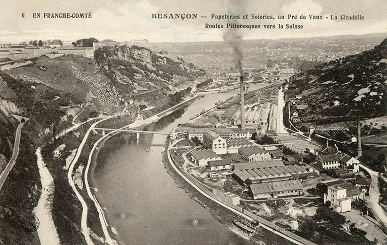 usine à papier de la société des Papeteries Bisontines, usine de fibres artificielles et synthétiques dite usine des Soieries puis de la Rhodiacéta