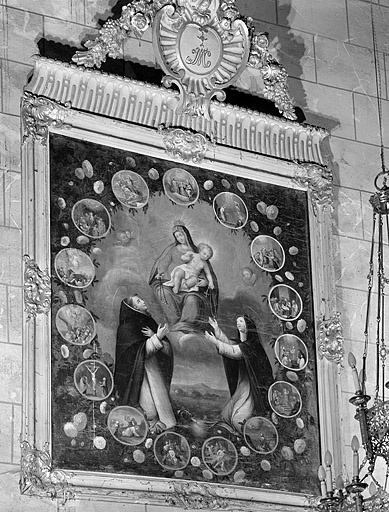 tableau et son cadre : Donation du Rosaire à saint Dominique et à sainte Catherine de Sienne