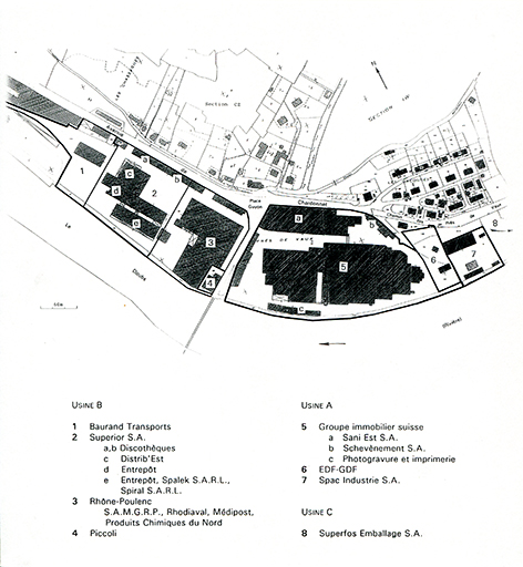 usine à papier de la société des Papeteries Bisontines, usine de fibres artificielles et synthétiques dite usine des Soieries puis de la Rhodiacéta