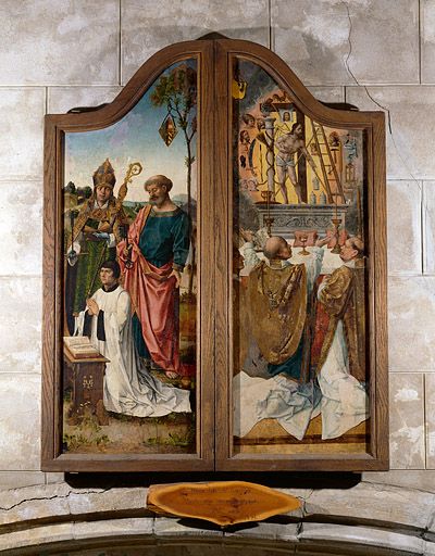 triptyque : la messe de saint Grégoire (panneau 1), saints et donateur (panneau 2)