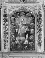 tableau d'autel et son cadre : la Donation du rosaire à saint Dominique de Guzman et à sainte Catherine de Sienne
