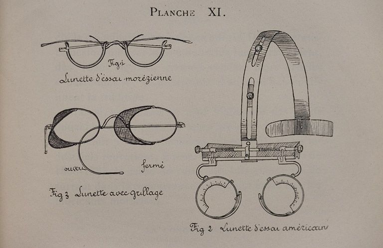 instruments d'observation et d'ophtalmologie (boîte de verres d'essai et 2 lunettes d'essai)