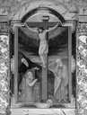 tableau : le Christ en croix entre la Vierge, saint Antoine et Antoine Perrenot de Granvelle
