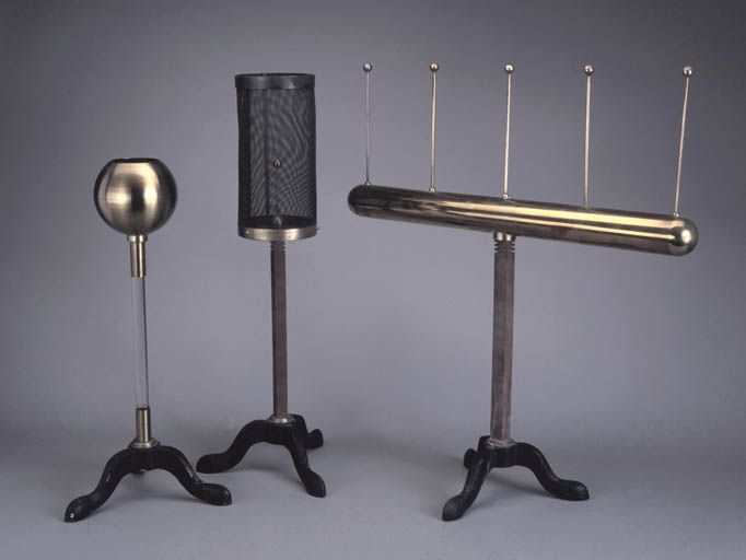 3 instruments de démonstration en électrostatique (cylindre isolé d'Aepinus, sphère creuse de Coulomb et cage de Faraday)