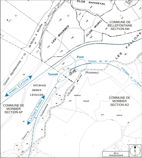 pont ferroviaire à voûte en rouleaux à ressauts et tunnel dit souterrain du Pâturage (voie ferrée Andelot - La Cluse)