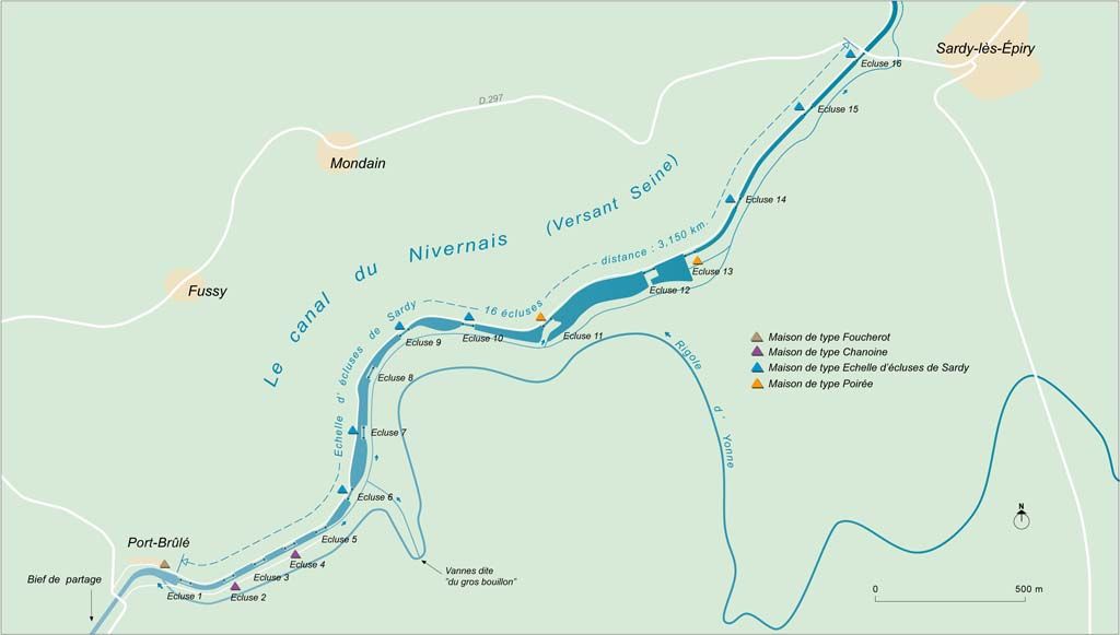 chaîne d'écluses dite échelle d'écluses de Sardy (canal du Nivernais)