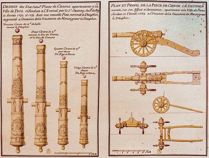 à gauche, dessin de 19 pièces de canon refondues en 1732 avec une nouvelle pièce, nommée le Dauphin (canons de 12, 8, 4 et 2 livres) ; à droite, plan et profil de la pièce de canon de 12 livres, le Dauphin (1732) montée sur son affût et avant-train.