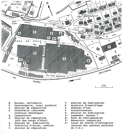 usine à papier de la société des Papeteries Bisontines, usine de fibres artificielles et synthétiques dite usine des Soieries puis de la Rhodiacéta